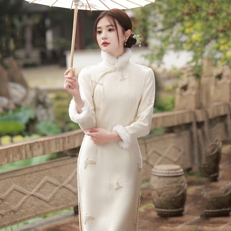 Beth and Brian Qipao-SMQ Winter collection, butterfly pattern long Qipao with Fur-Trimmed Sleeves