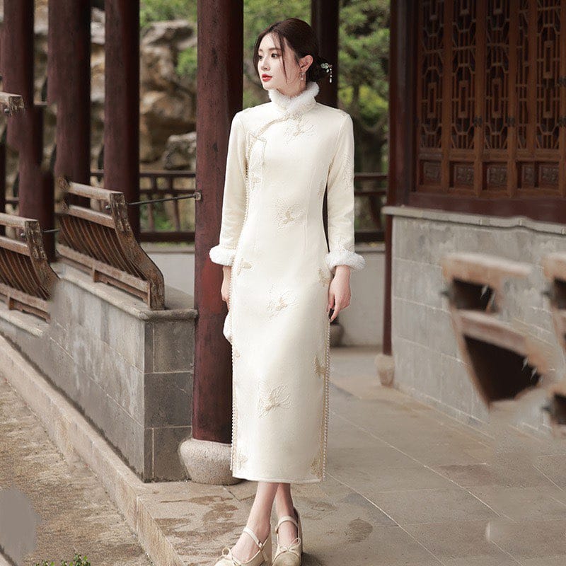 Beth and Brian Qipao-SMQ Winter collection, butterfly pattern long Qipao with Fur-Trimmed Sleeves