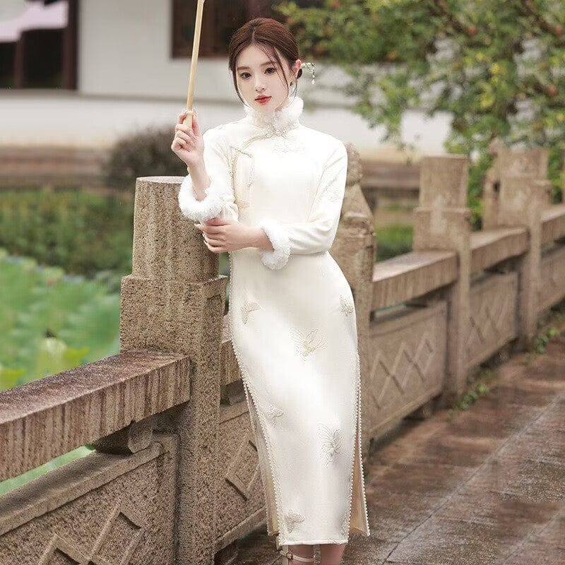Beth and Brian Qipao-SMQ Winter collection, butterfly pattern long Qipao with Fur-Trimmed Sleeves
