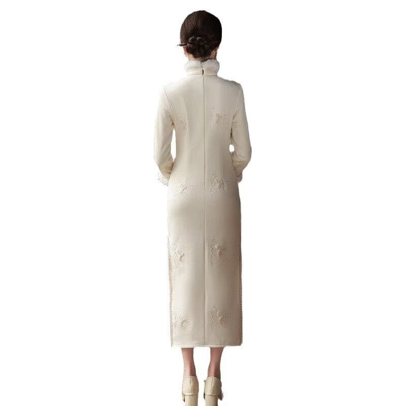 Beth and Brian Qipao-SMQ Winter collection, butterfly pattern long Qipao with Fur-Trimmed Sleeves