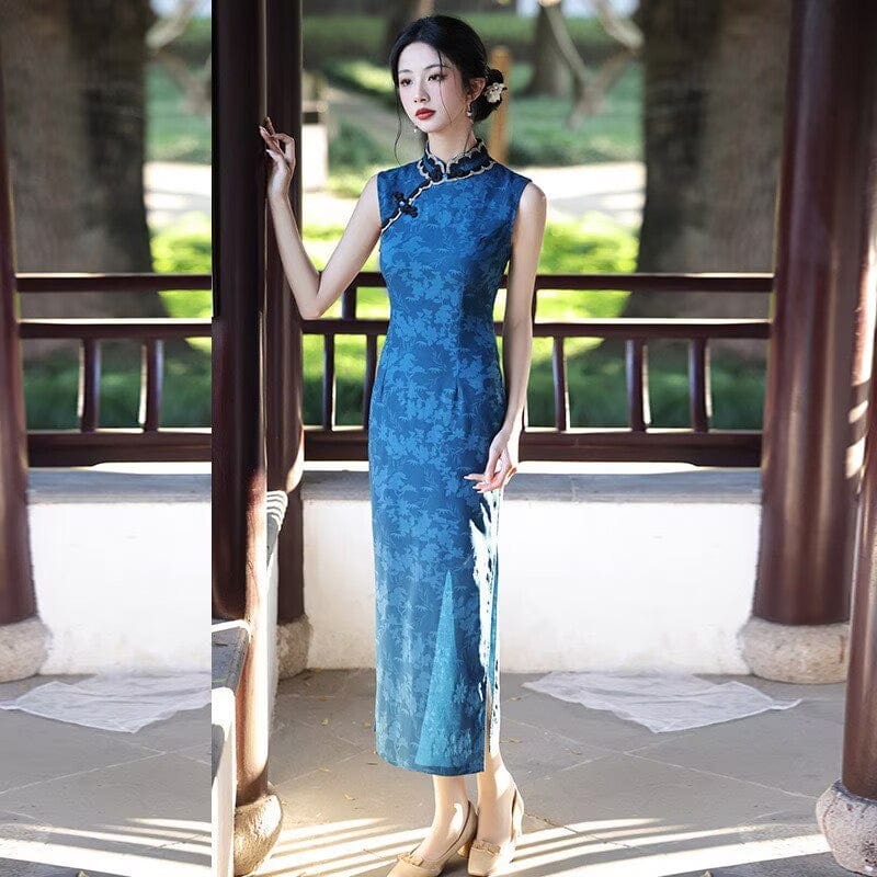 Beth and Brian Qipao-SMQ New Chinese style (新中式), floral pattern, blue long Cheongsam