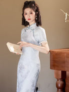 Beth and Brian Qipao-YS Floral pattern, light yellow & light blue midi Cheongsam