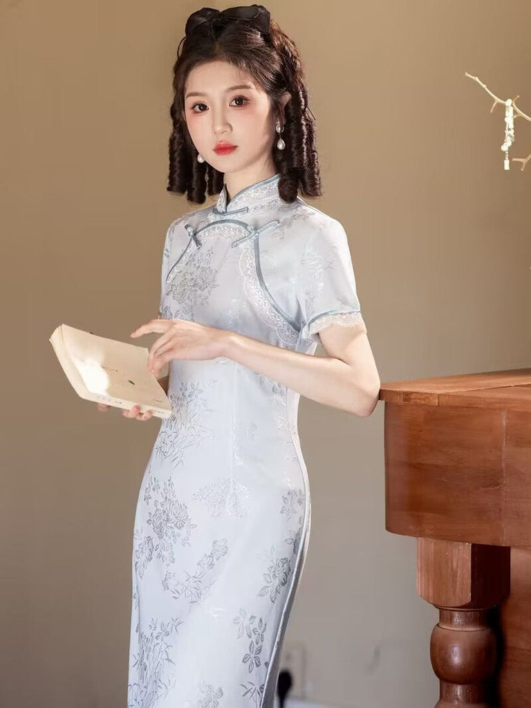 Beth and Brian Qipao-YS Floral pattern, light yellow & light blue midi Cheongsam