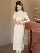 Beth and Brian Qipao-YS Floral pattern, light yellow & light blue midi Cheongsam