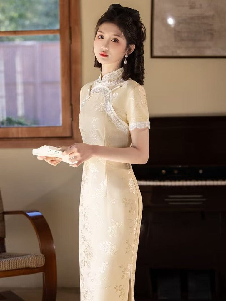 Beth and Brian Qipao-YS Floral pattern, light yellow & light blue midi Cheongsam