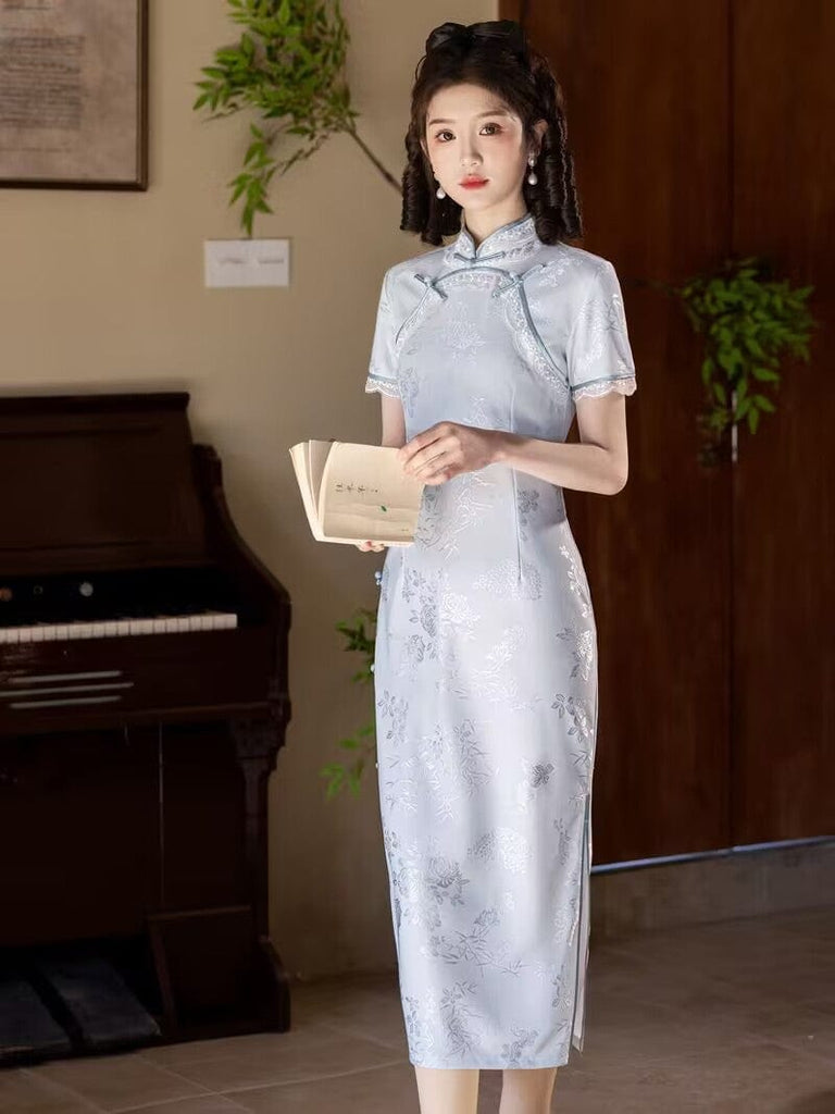 Beth and Brian Qipao-YS Floral pattern, light yellow & light blue midi Cheongsam