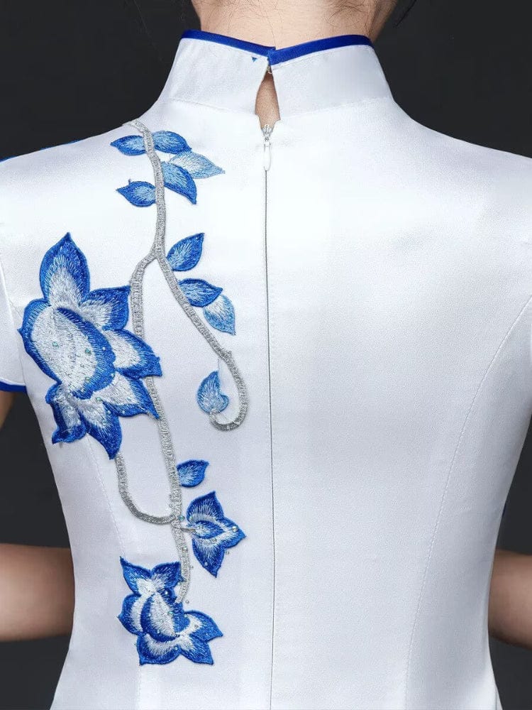 Beth and Brian Qipao-YSY Customizble Floral Embroidery, white mermaid long Cheongsam