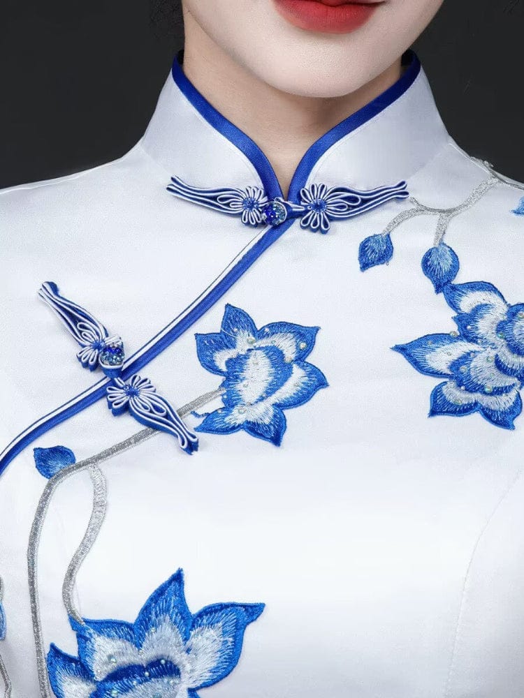 Beth and Brian Qipao-YSY Customizble Floral Embroidery, white mermaid long Cheongsam