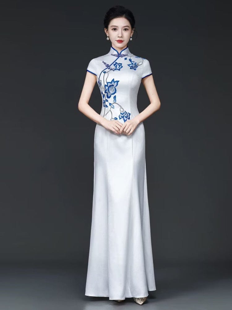 Beth and Brian Qipao-YSY Customizble Floral Embroidery, white mermaid long Cheongsam