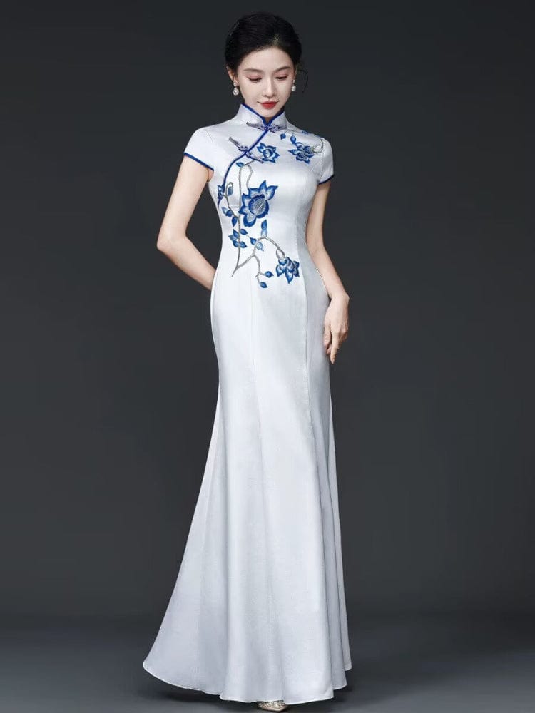 Beth and Brian Qipao-YSY Customizble Floral Embroidery, white mermaid long Cheongsam
