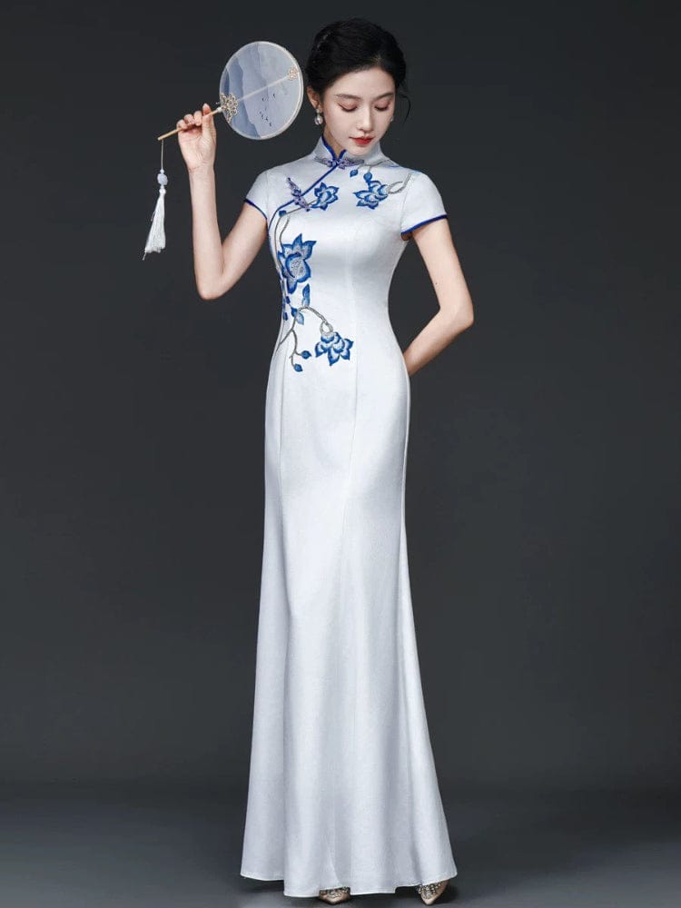 Beth and Brian Qipao-YSY Customizble Floral Embroidery, white mermaid long Cheongsam