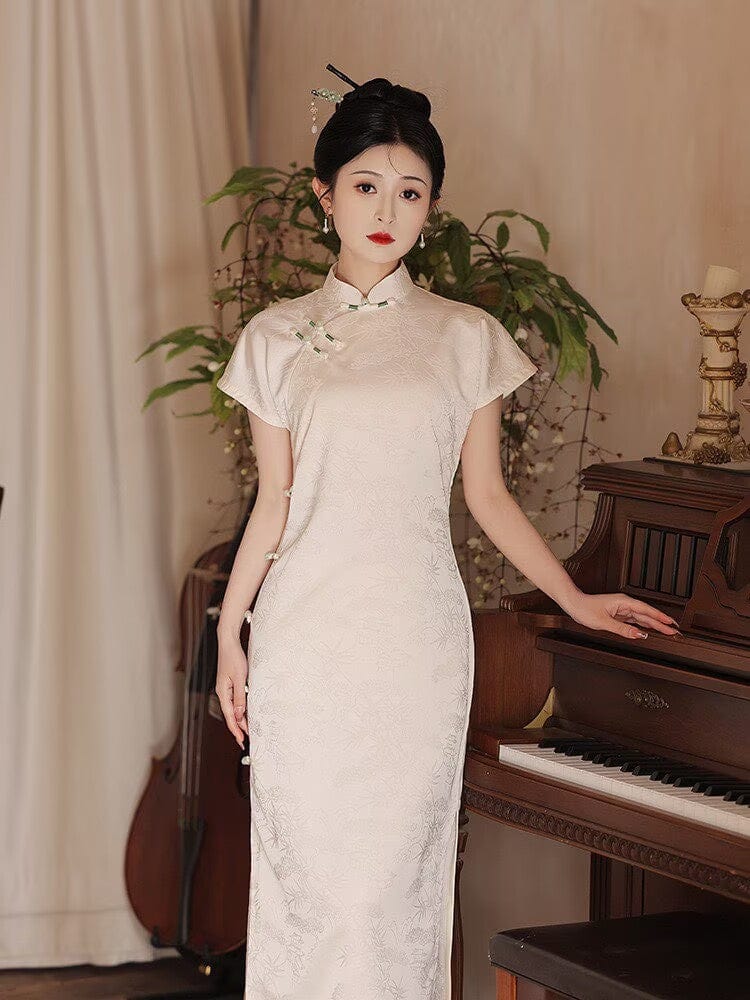 Beth and Brian Qipao-LSB Bamboo leaf pattern, brocade jacquard midi Cheongsam