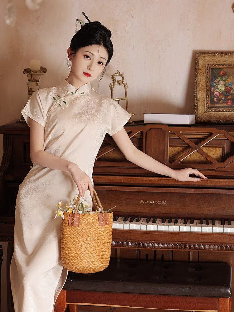 Beth and Brian Qipao-LSB Bamboo leaf pattern, brocade jacquard midi Cheongsam