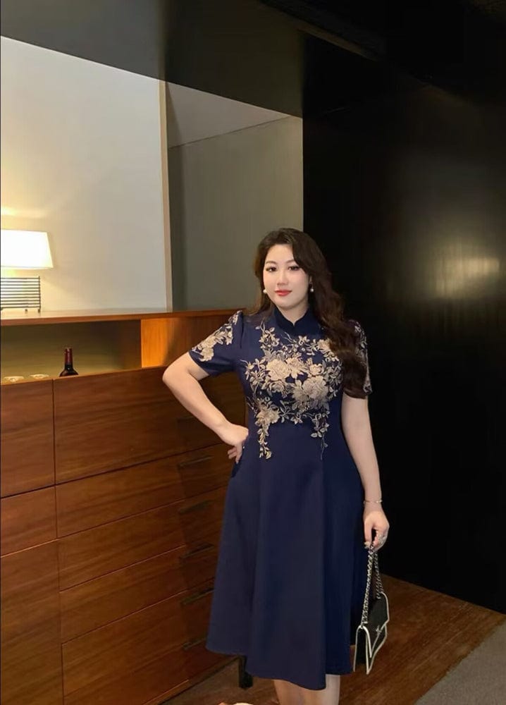 Beth and Brian Qipao-GLEC Plus size, floral pattern, retro blue midi A-line Cheongsam