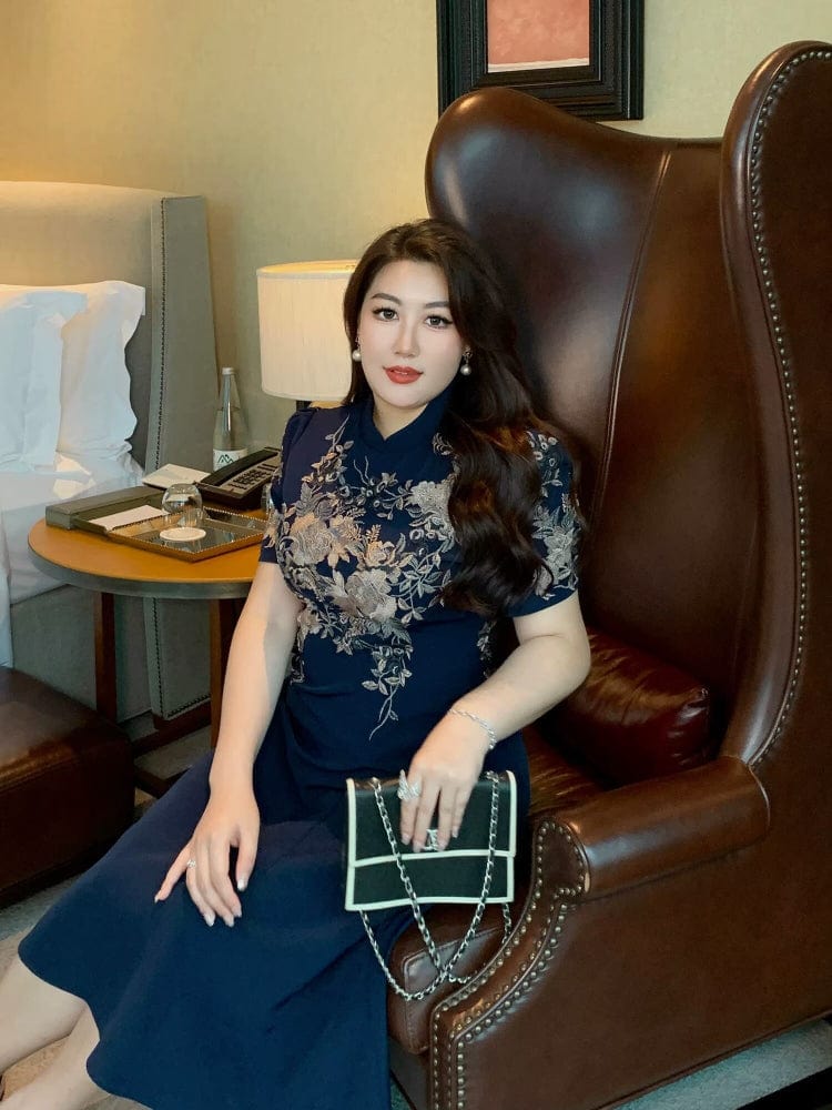 Beth and Brian Qipao-GLEC Plus size, floral pattern, retro blue midi A-line Cheongsam