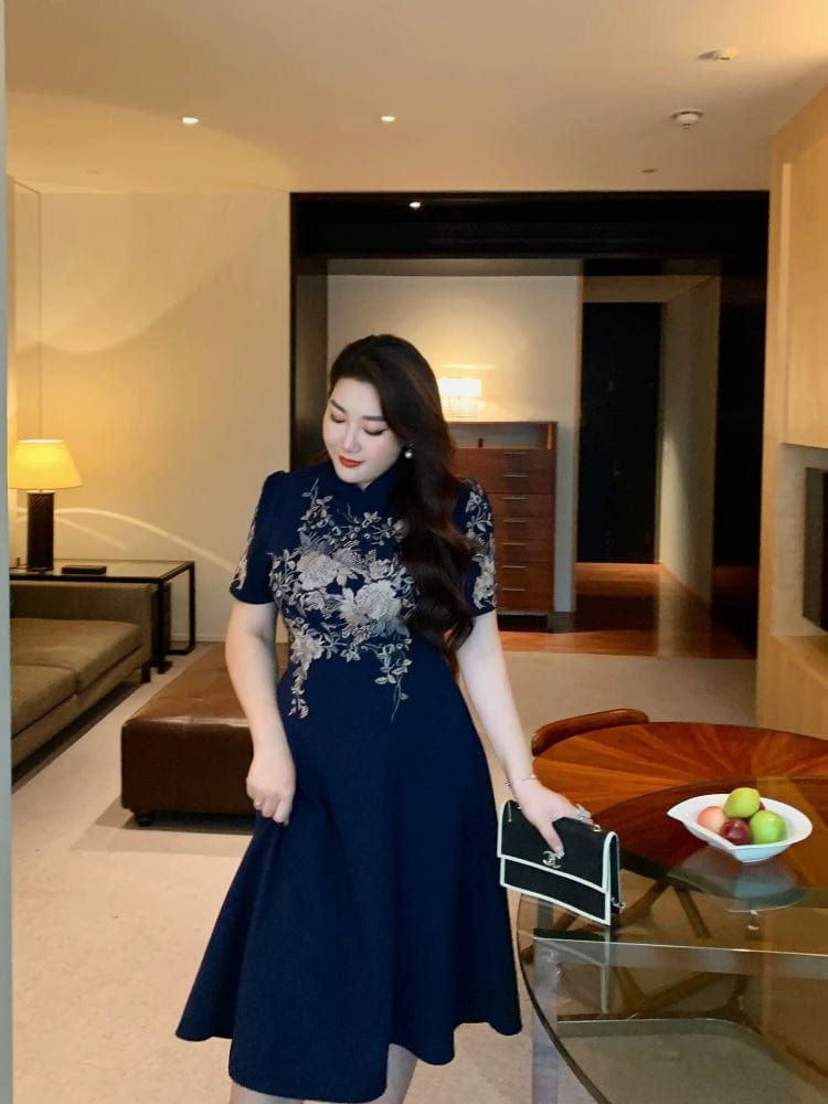 Beth and Brian Qipao-GLEC Plus size, floral pattern, retro blue midi A-line Cheongsam