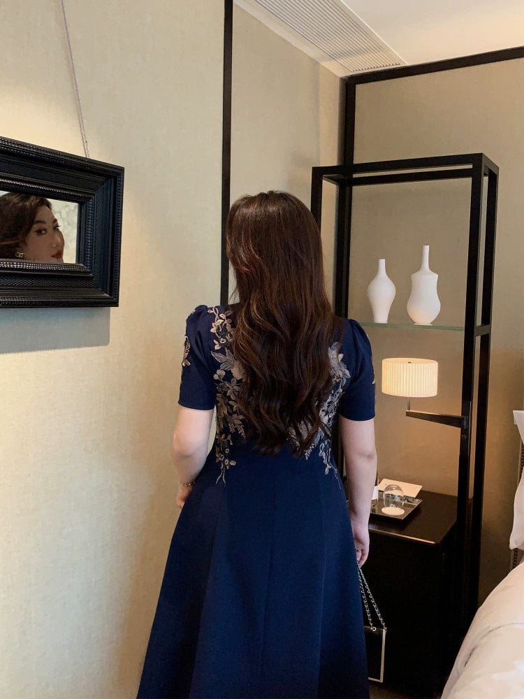 Beth and Brian Qipao-GLEC Plus size, floral pattern, retro blue midi A-line Cheongsam