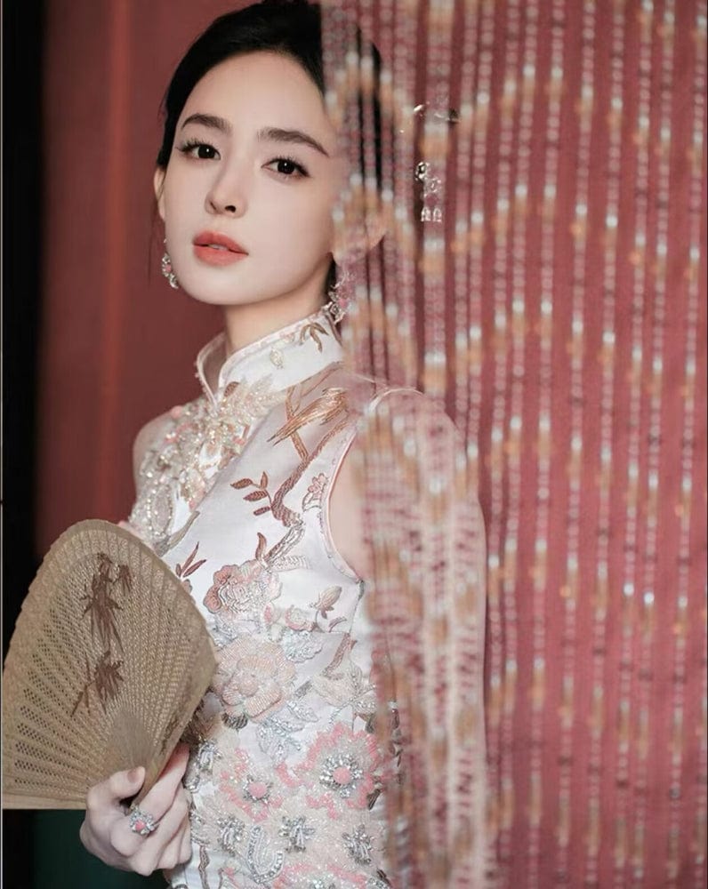 Beth and Brian Qipao-YS Floral embroidery, champagne wedding long Cheongsam