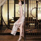 Beth and Brian Qipao-YS Floral embroidery, champagne wedding long Cheongsam