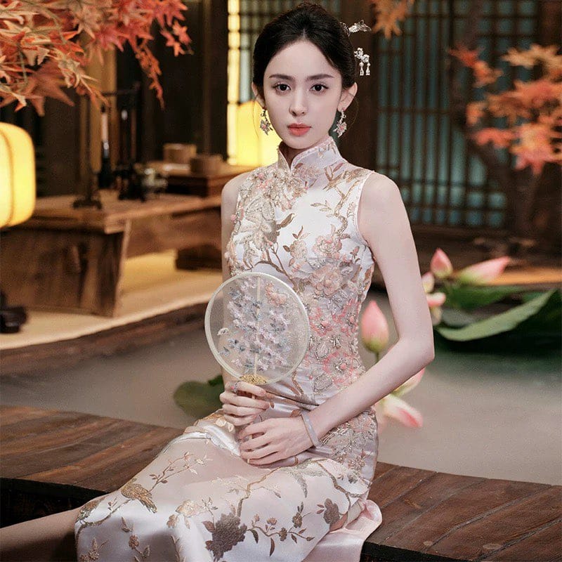 Beth and Brian Qipao-YS Floral embroidery, champagne wedding long Cheongsam