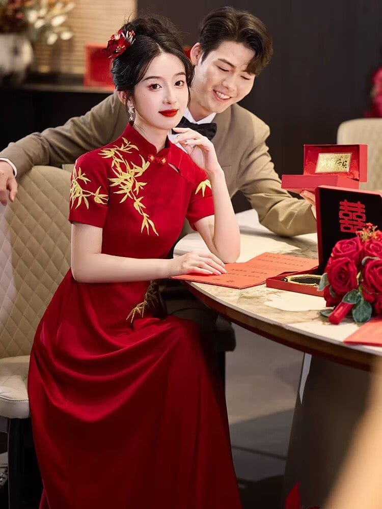 Beth and Brian Qipao-ZTN Gold bamboo leaf pattern, A-line long Cheongsam Dress