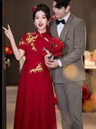 Beth and Brian Qipao-ZTN Gold bamboo leaf pattern, A-line long Cheongsam Dress