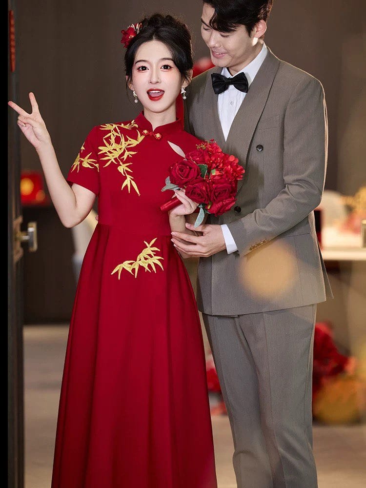 Beth and Brian Qipao-ZTN Gold bamboo leaf pattern, A-line long Cheongsam Dress