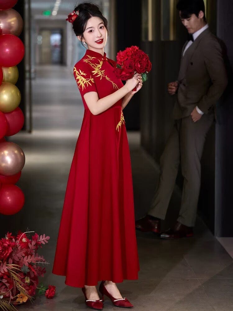 Beth and Brian Qipao-ZTN Gold bamboo leaf pattern, A-line long Cheongsam Dress