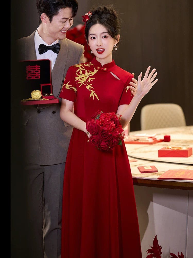 Beth and Brian Qipao-ZTN Gold bamboo leaf pattern, A-line long Cheongsam Dress