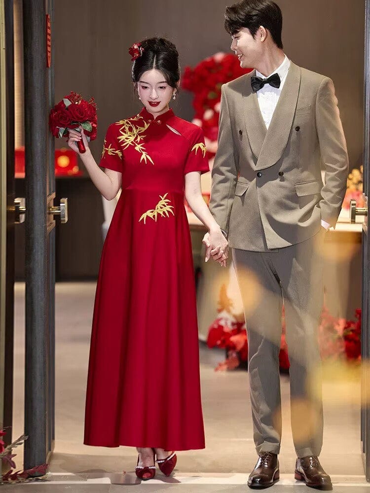 Beth and Brian Qipao-ZTN Gold bamboo leaf pattern, A-line long Cheongsam Dress