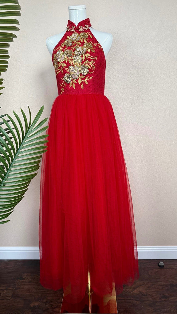 Beth and Brian Qipao - Exclusive Exclusive designer collection, gold floral embroidery short Qipao