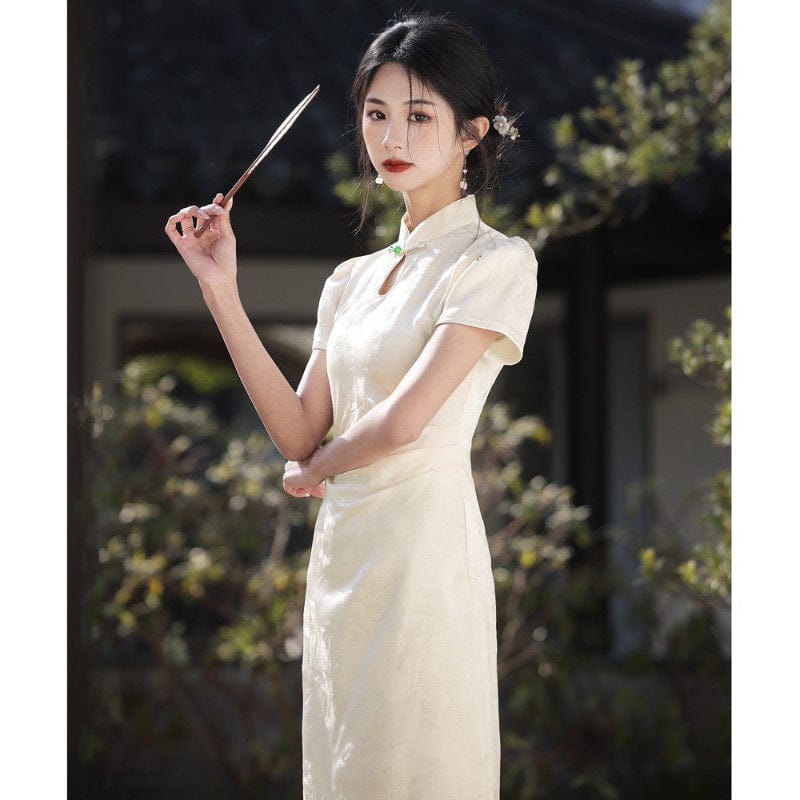 Beth and Brian Qipao-YS Floral pattern, jacquard fabric, midi Cheongsam with short sleeves