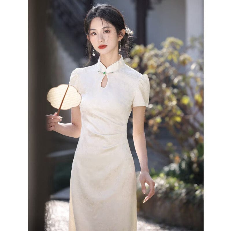 Beth and Brian Qipao-YS Floral pattern, jacquard fabric, midi Cheongsam with short sleeves