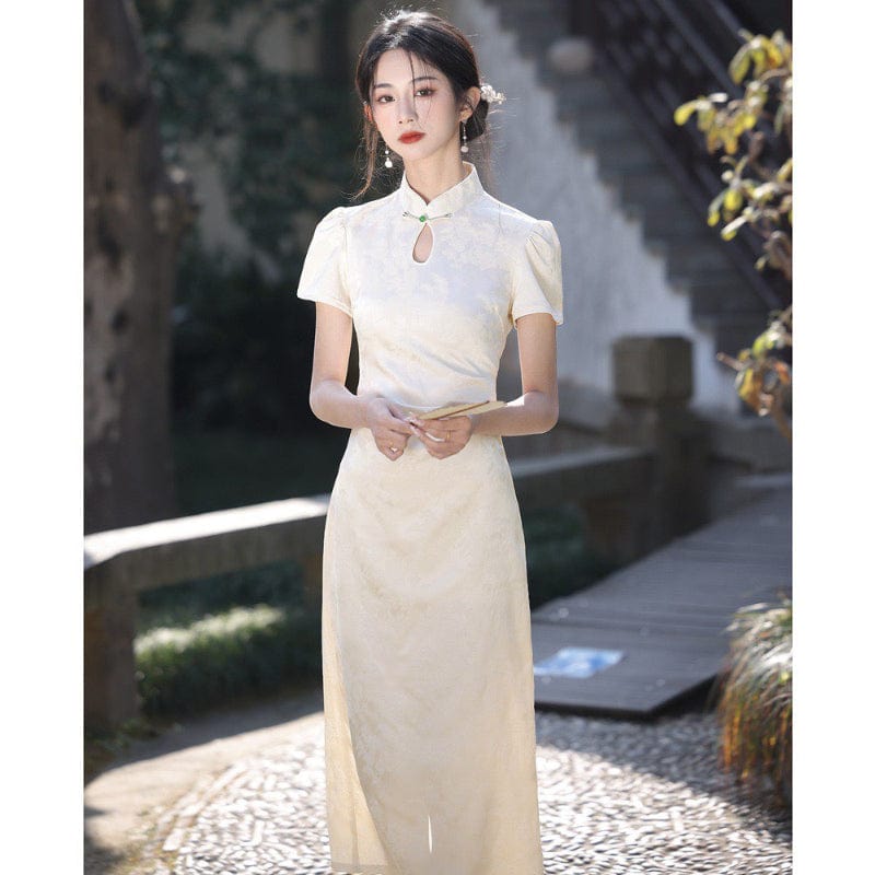 Beth and Brian Qipao-YS Floral pattern, jacquard fabric, midi Cheongsam with short sleeves