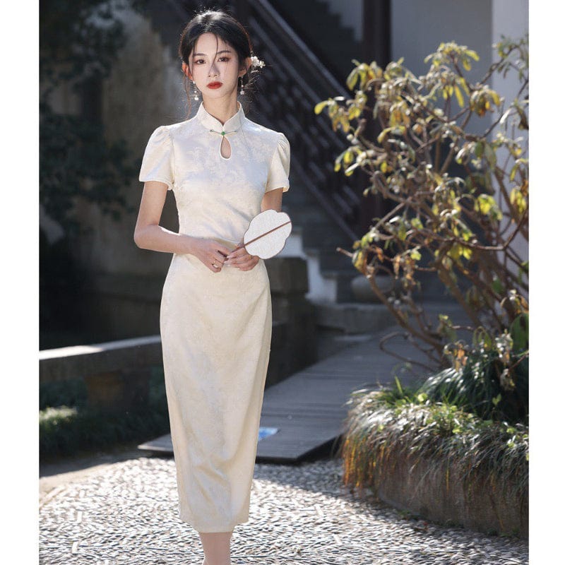 Beth and Brian Qipao-YS Floral pattern, jacquard fabric, midi Cheongsam with short sleeves