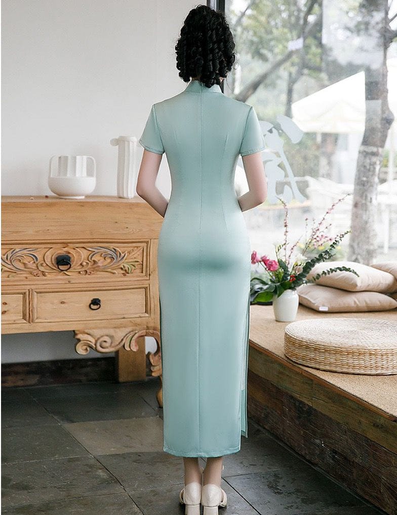 Beth and Brian Qipao-GSJ Floral pattern, acetate green long Cheongsam