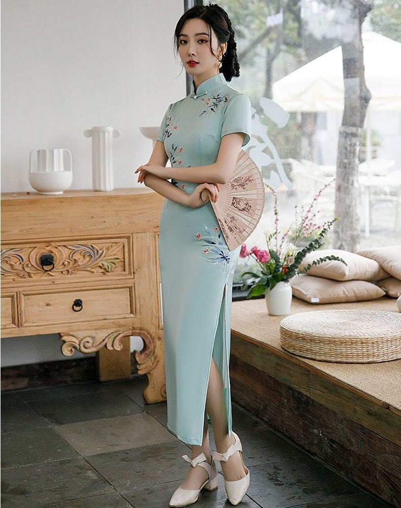 Beth and Brian Qipao-GSJ Floral pattern, acetate green long Cheongsam