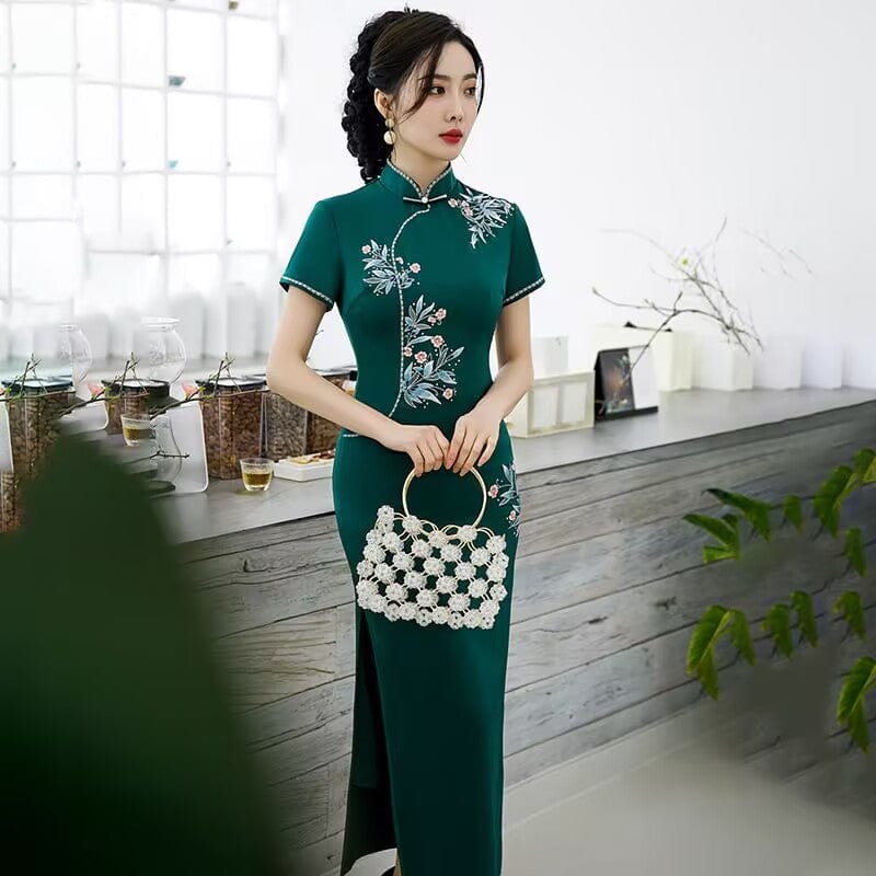 Beth and Brian Qipao-GSJ Floral pattern, acetate green long Cheongsam