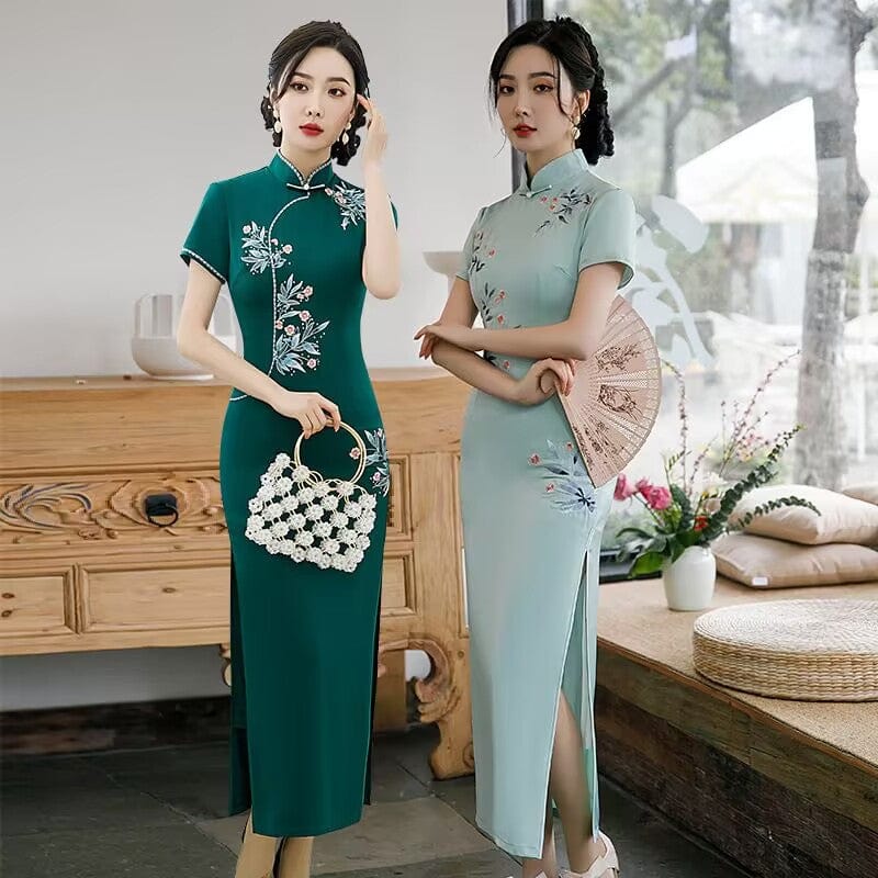 Beth and Brian Qipao-GSJ Floral pattern, acetate green long Cheongsam