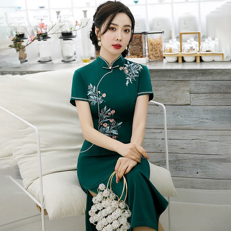 Beth and Brian Qipao-GSJ Floral pattern, acetate green long Cheongsam