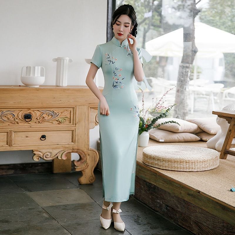 Beth and Brian Qipao-GSJ Floral pattern, acetate green long Cheongsam