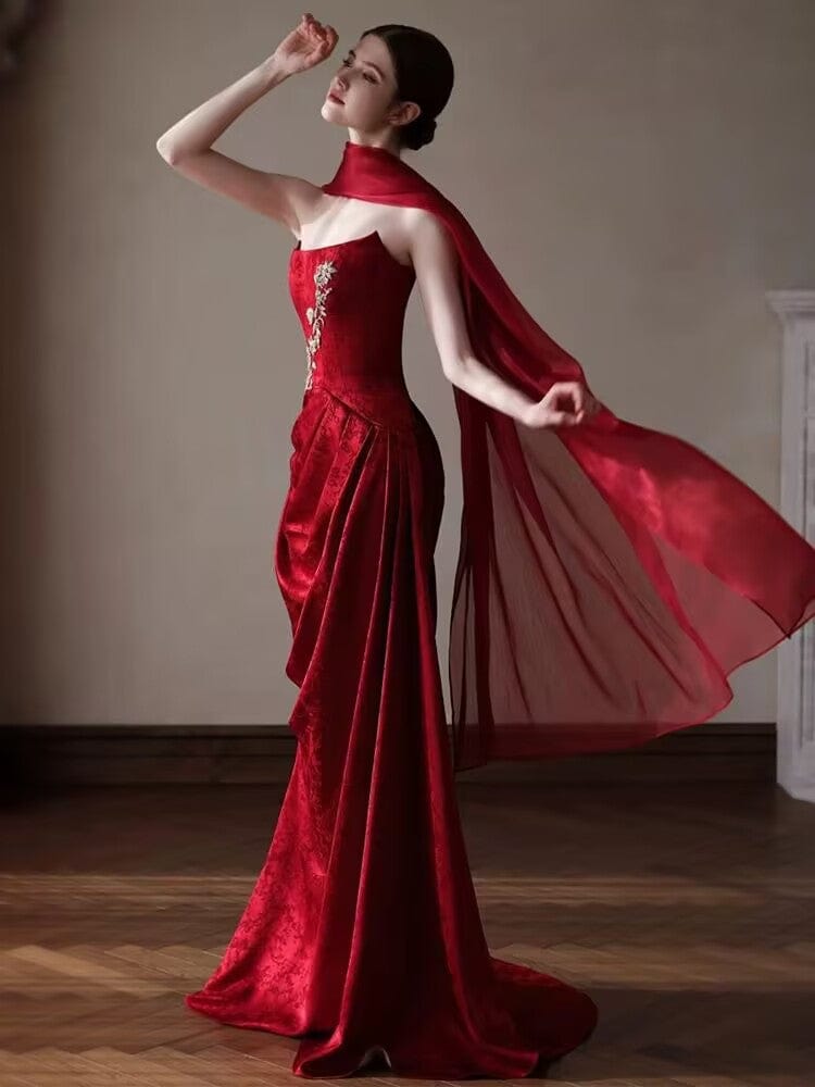 Beth and Brian Qipao-QHM Tube top, New Chinese style (新中式), floral wedding floor length Cheongsam