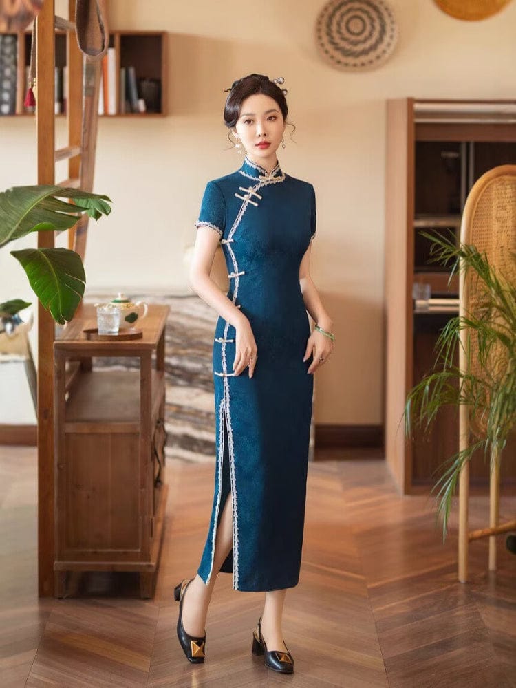 Beth and Brian Qipao-YM Retro style, navy blue long Cheongsam