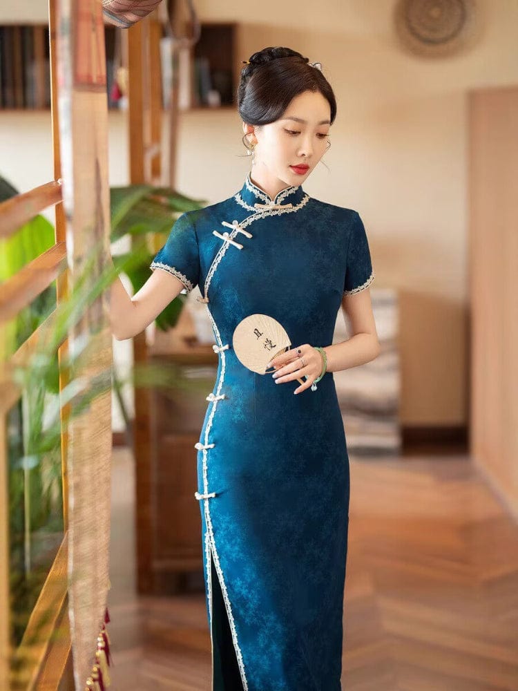 Beth and Brian Qipao-YM Retro style, navy blue long Cheongsam