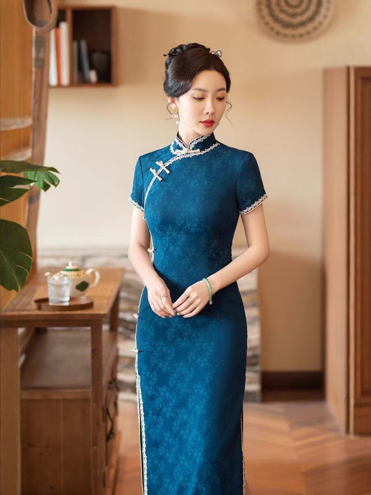 Beth and Brian Qipao-YM Retro style, navy blue long Cheongsam