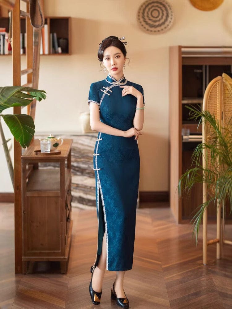 Beth and Brian Qipao-YM Retro style, navy blue long Cheongsam
