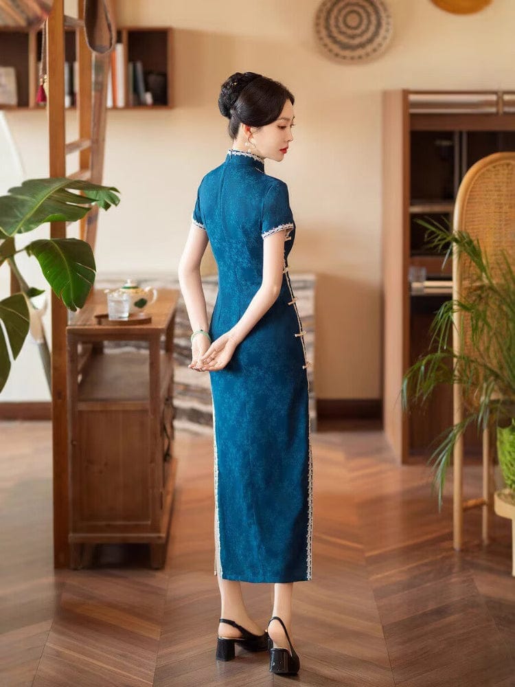 Beth and Brian Qipao-YM Retro style, navy blue long Cheongsam