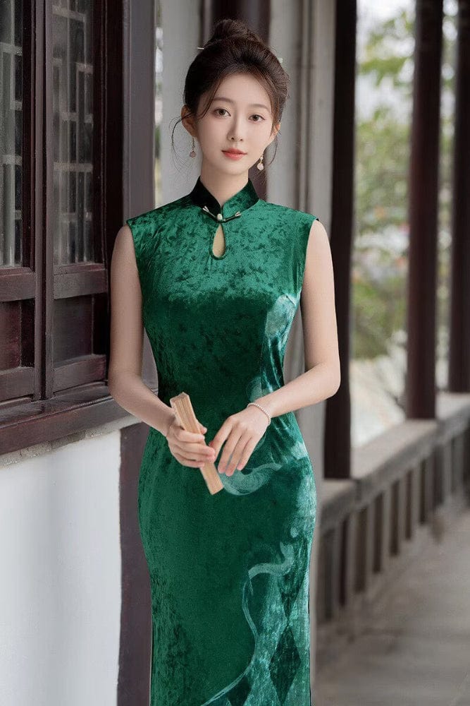 Beth and Brian Qipao-GSJ Sleeveless, water-drop collar, velvet long Cheongsam