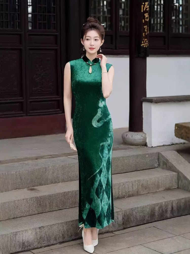 Beth and Brian Qipao-GSJ Sleeveless, water-drop collar, velvet long Cheongsam