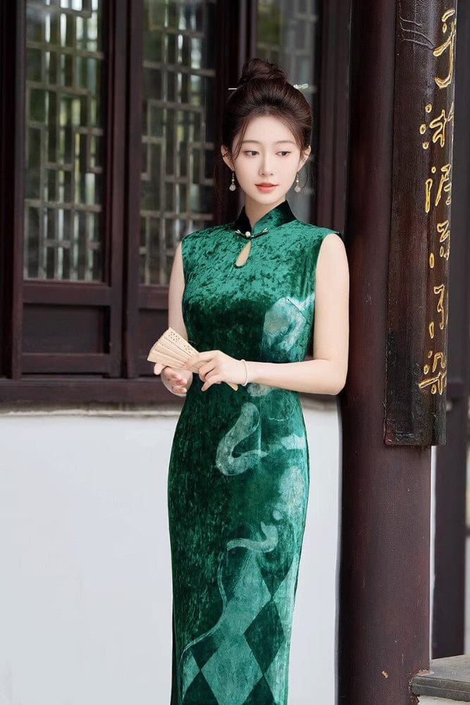 Beth and Brian Qipao-GSJ Sleeveless, water-drop collar, velvet long Cheongsam
